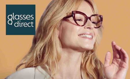 Glasses Direct logo placed over an image of a blonde woman wearing glasses