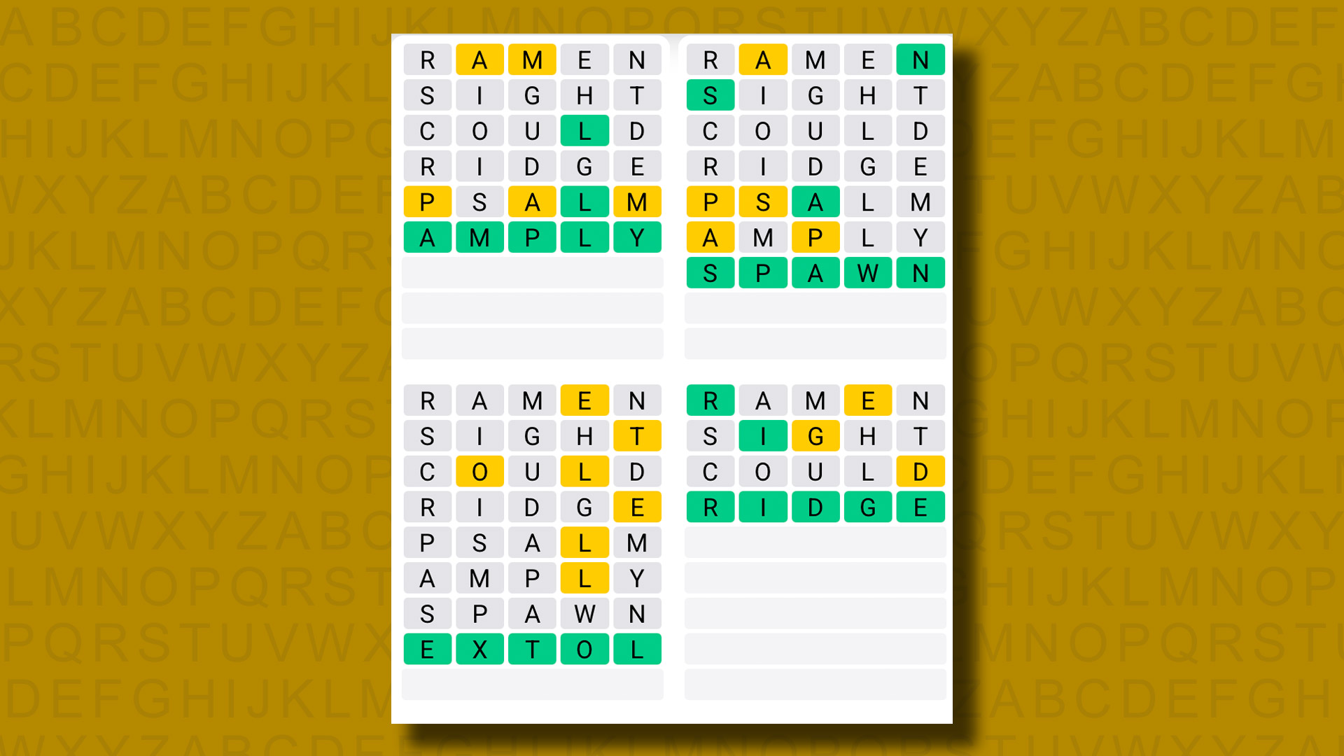 Quordle answers for game 1259 on a yellow background