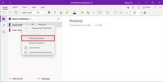 OneNote change section password
