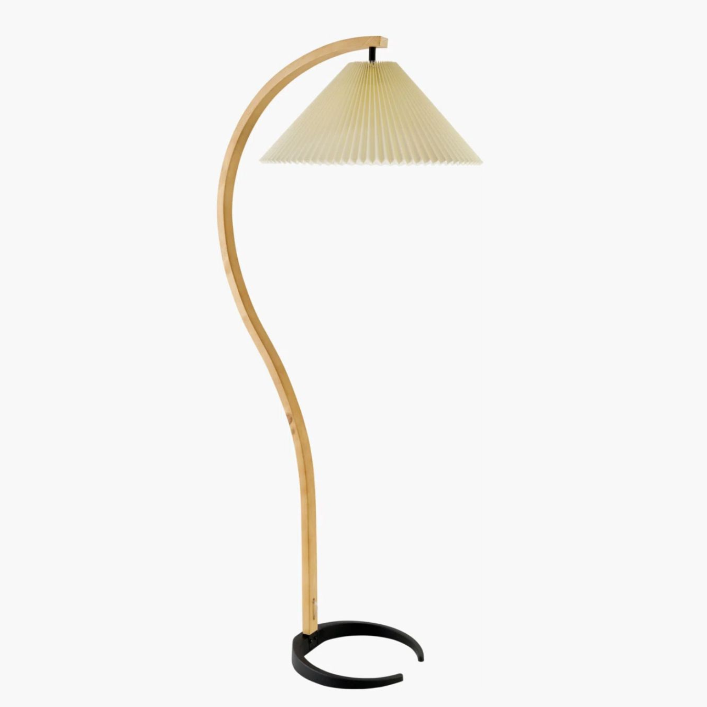 A floor lamp with a curving wooden spin and a hanging linen shade