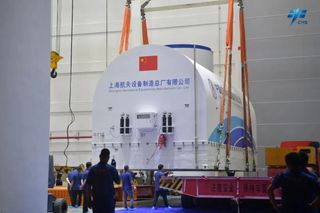 A segment of the Mengtian space station module arrives at Wenchang Satellite Launch Center on Hainan Island on Aug. 9, 2022. 