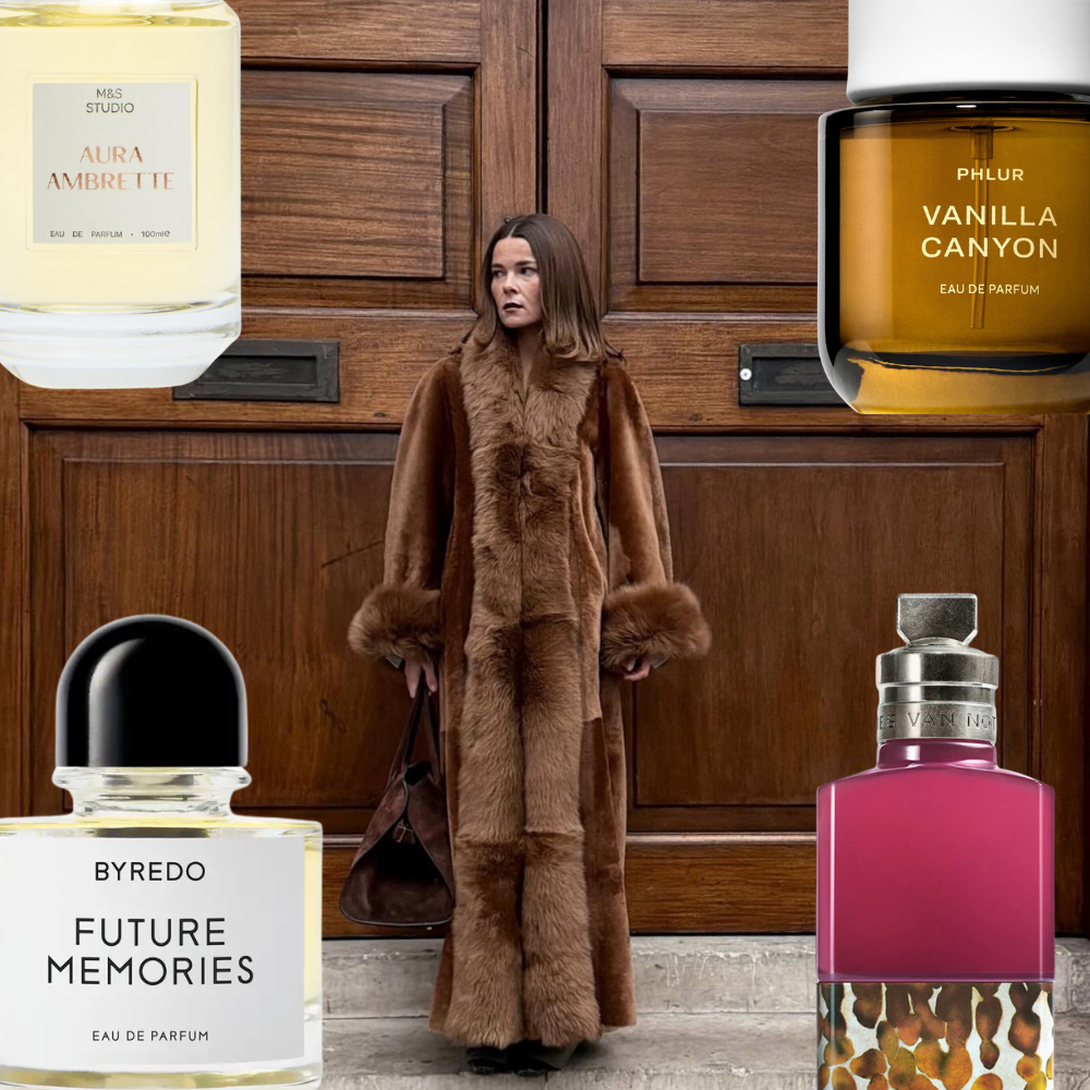 A collage featuring @rikkekrefting in a brown coat and new perfume launches