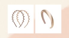 Collage of images of two of the best headbands for short hair featured in this guide from Kitsch and Jennifer Behr, in white boxes against a pink and cream watercolour-style background