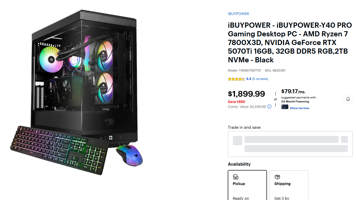 An RTX 5070 Ti gaming PC listed for a pre-memory shortage price on Best Buy last October.