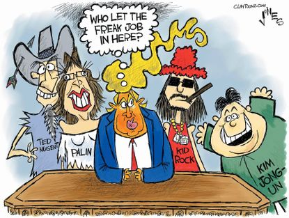 Political Cartoon U.S. Trump Sarah Palin Kid Rock Ted Nugent Kim Jong Un White House