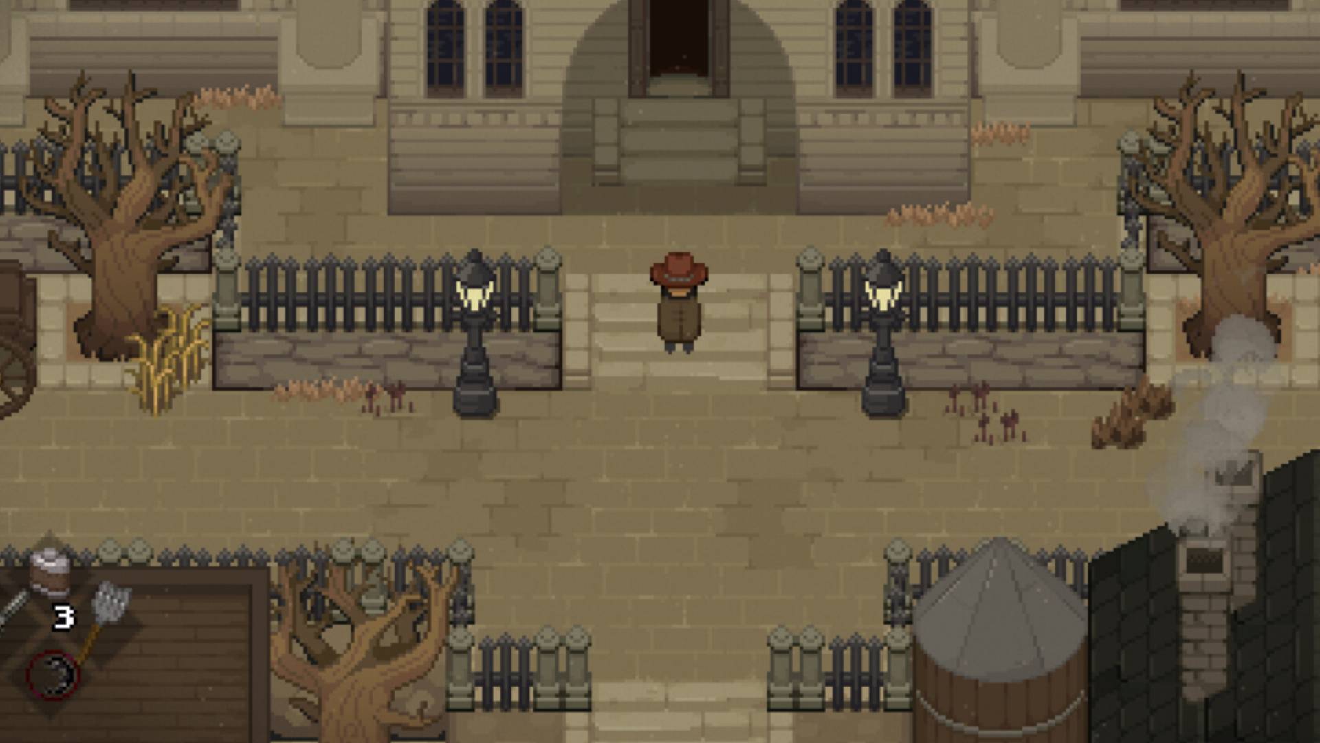 A zoomed-in screenshot of Tombwater shows a character with a large hat stood on some stairs in front of a large building.