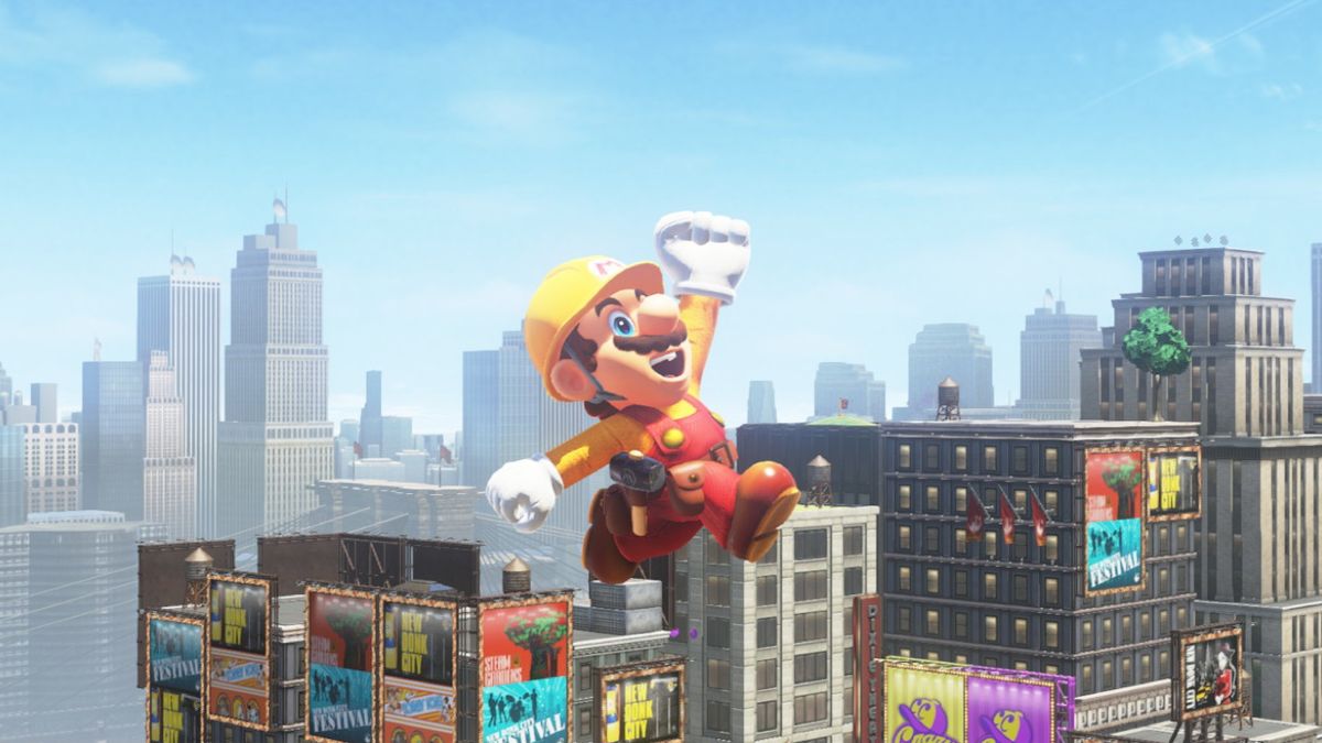 Screenshot from Super Mario Odyssey featuring Mario mid-jump.