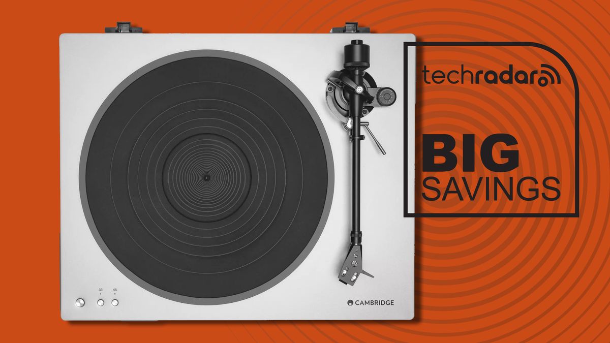 Cambridge Audio Alva ST turntable on orange background with TR&#039;s Big Savings badge