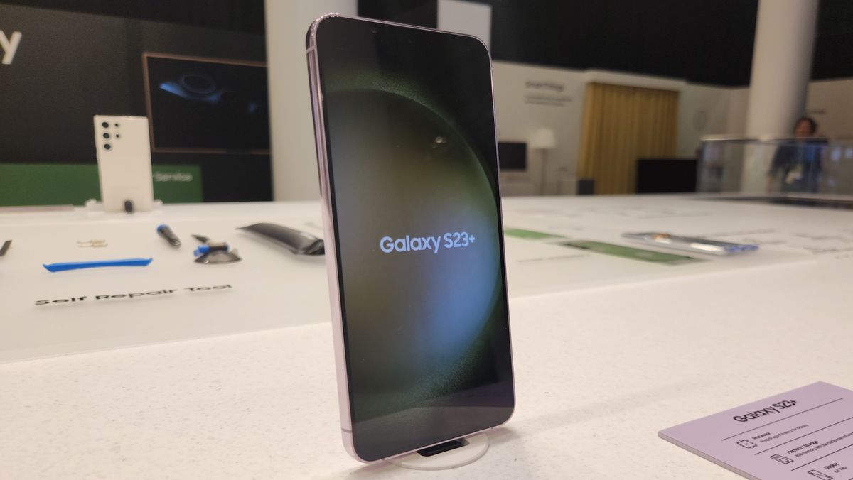 The Samsung Galaxy S23+ with its name on the display, in the Galaxy Experience pop-up site in San Francisco.