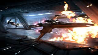 Star Wars Battlefront II screenshot showing a TIE Interceptor chasing an X-wing - Best Star Wars games