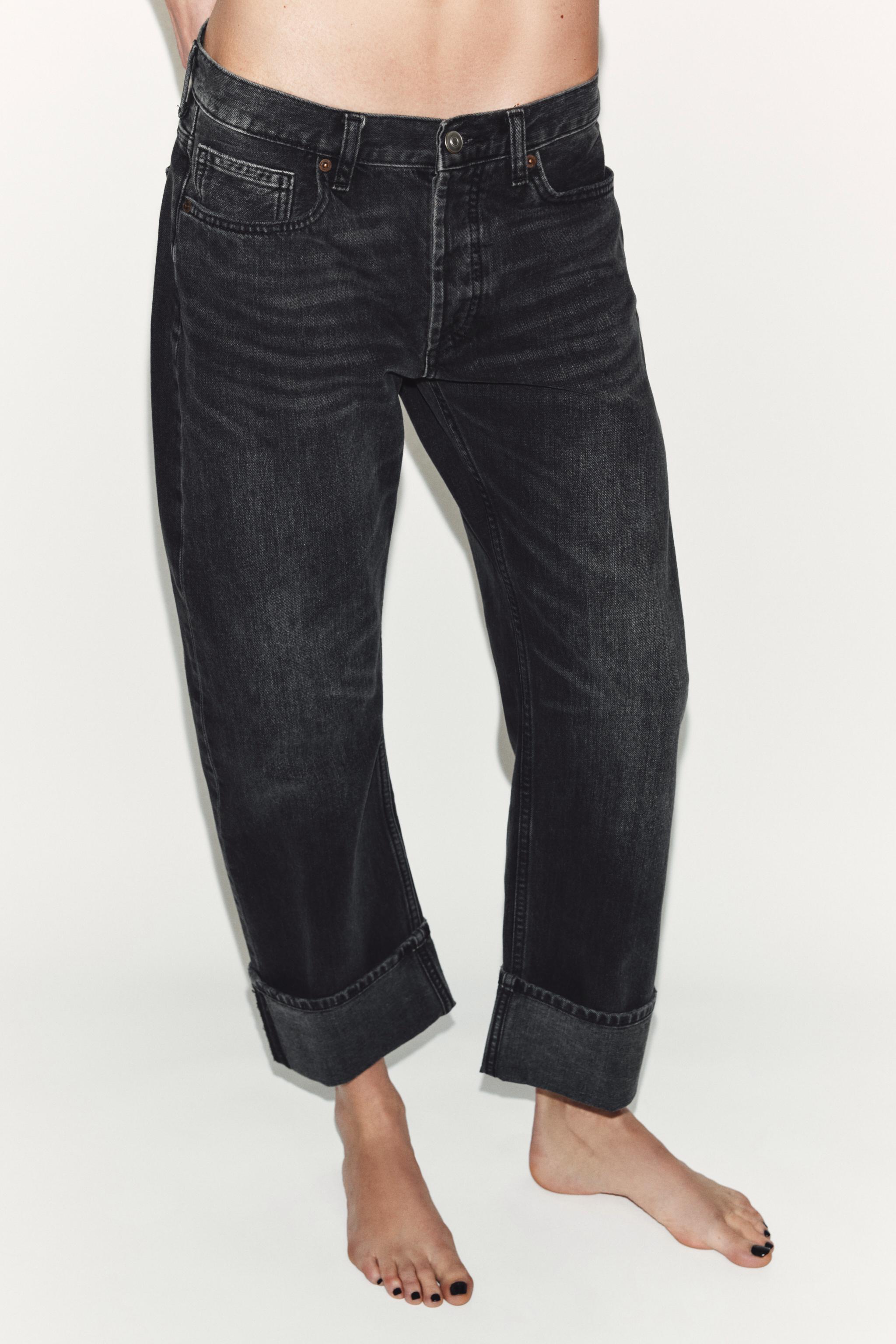 Trf Mid-Waist Folded Straight Jeans - Black - 4
