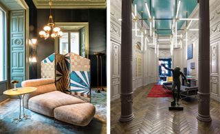 The apartment’s fitting room (left) includes a sheared pink mink chaise longue by Dimore, a Meret Oppenheim ‘Traccia’ table and a pair of vintage Stilnovo Appliques; while the foyer (right) sports a rare Giò Ponti ‘Apta’ day bed, an Altai rug and a sculptural brass and glass chandelier