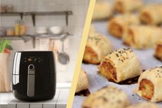 A collage of an air fryer and some sausage rolls