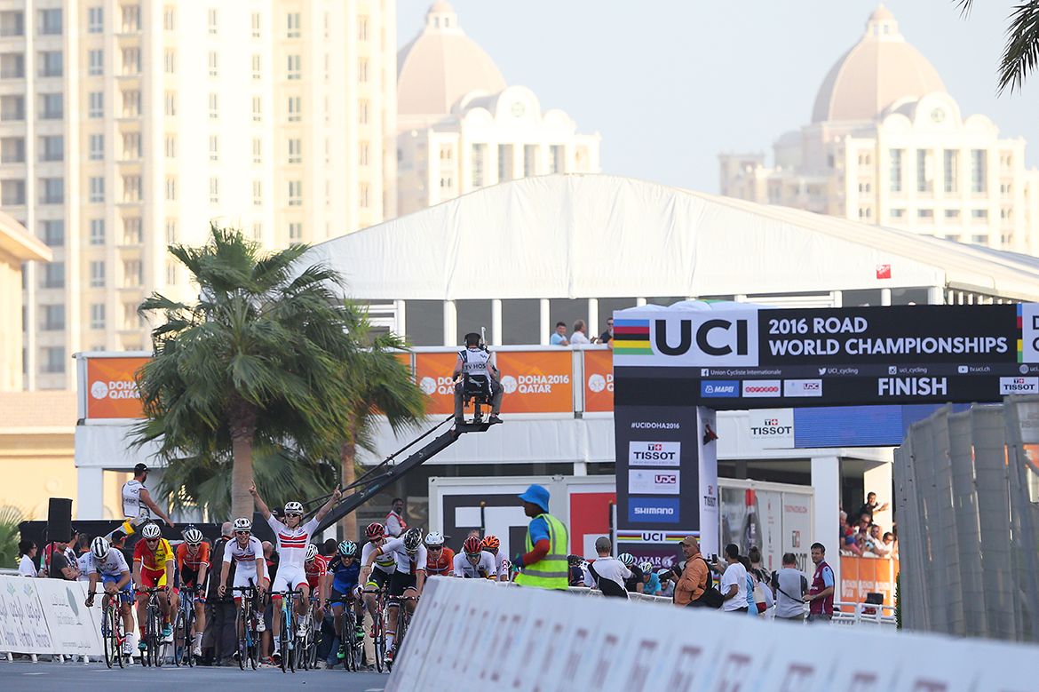 The finish line of the UCI Road World Championships in Doha