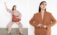 Model wears Aeron Pre-Fall 2021 floral shirt and trousers and tan jacket