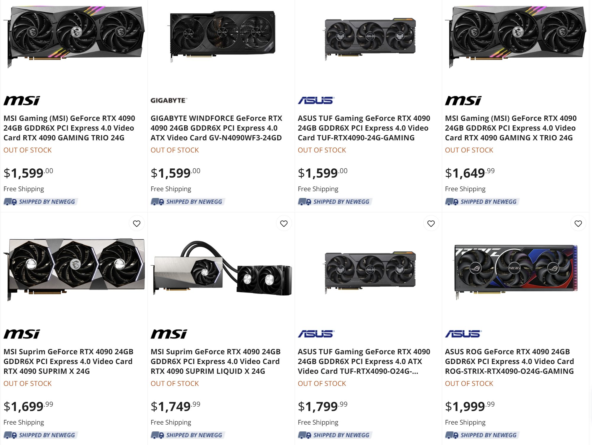 A screenshot of RTX 4090 models available on Newegg