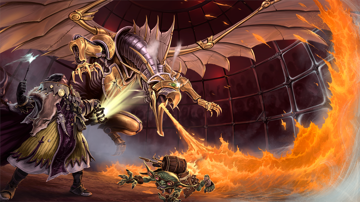 A blistering combat ensues in a cage arena, with a giant metal hawk spewing great gouts of fire at a fleeing goblin in Pathfinder 2e.