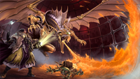 A blistering combat ensues in a cage arena, with a giant metal hawk spewing great gouts of fire at a fleeing goblin in Pathfinder 2e.