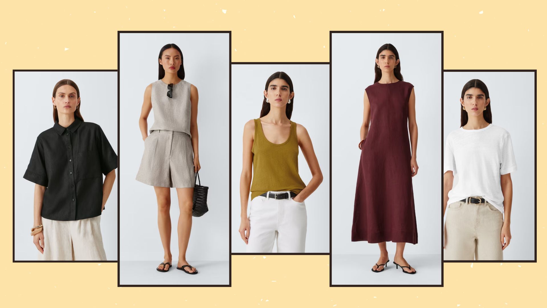 five models wearing john lewis linen pieces
