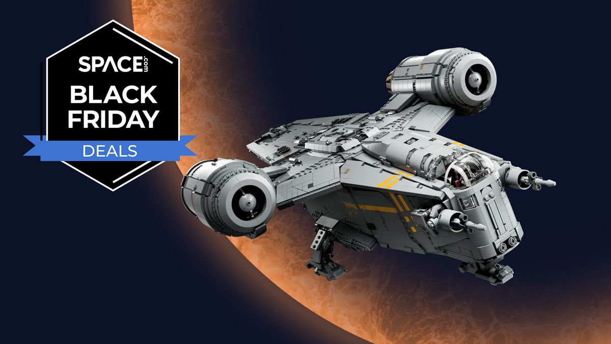 Lego Star Wars UCS Razor Crest on an orange planet background with a Space Black Friday deals logo.