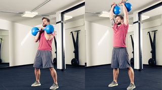 Man demonstrates two positions of the overhead press with two kettlebells