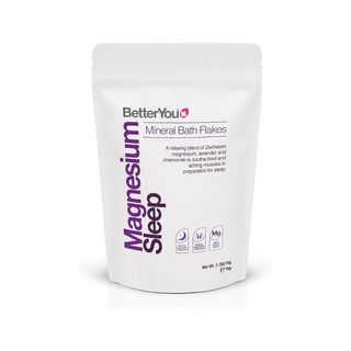 A white bag of magnesium bath salts with purple lettering. 
