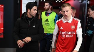 Arsenal manager Mikel Arteta with defender Oleksandr Zinchenko during the Gunners' Premier League game against Manchester City at the Emirates Stadium in February 2023.