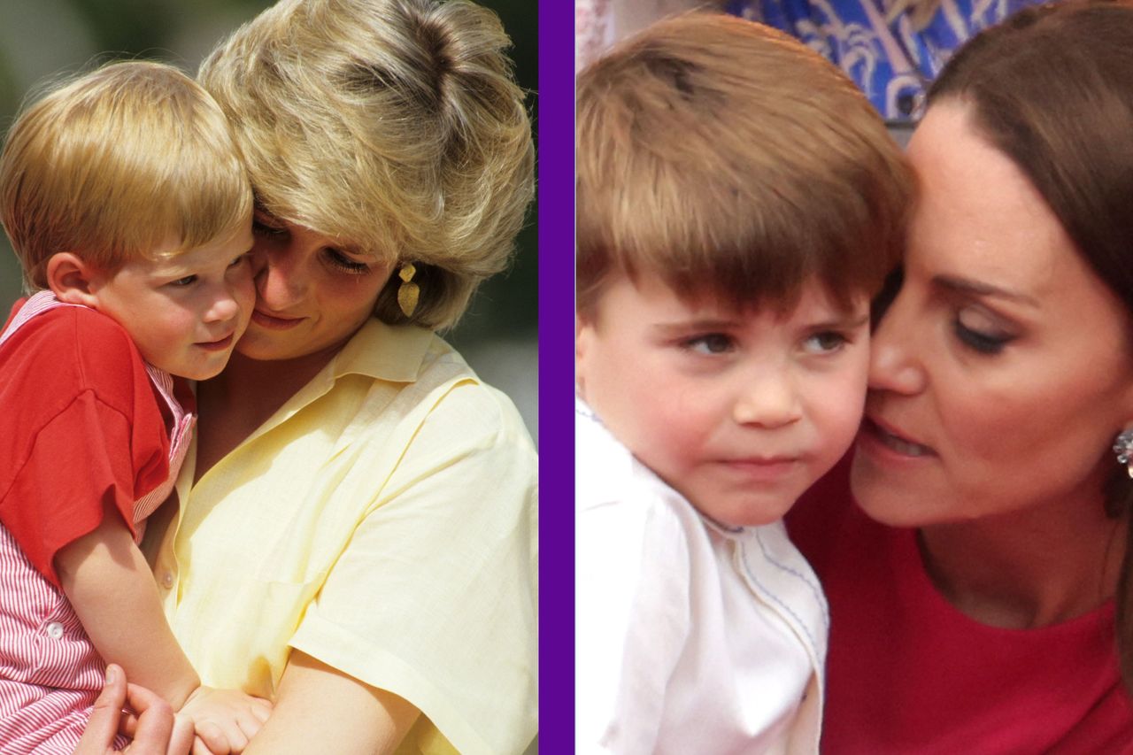 Prince Harry and Princess Diana and split layout with Prince Louis and Kate Middleton