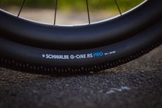 A Schwalbe G-One RS 32-in gravel tyre on a rim