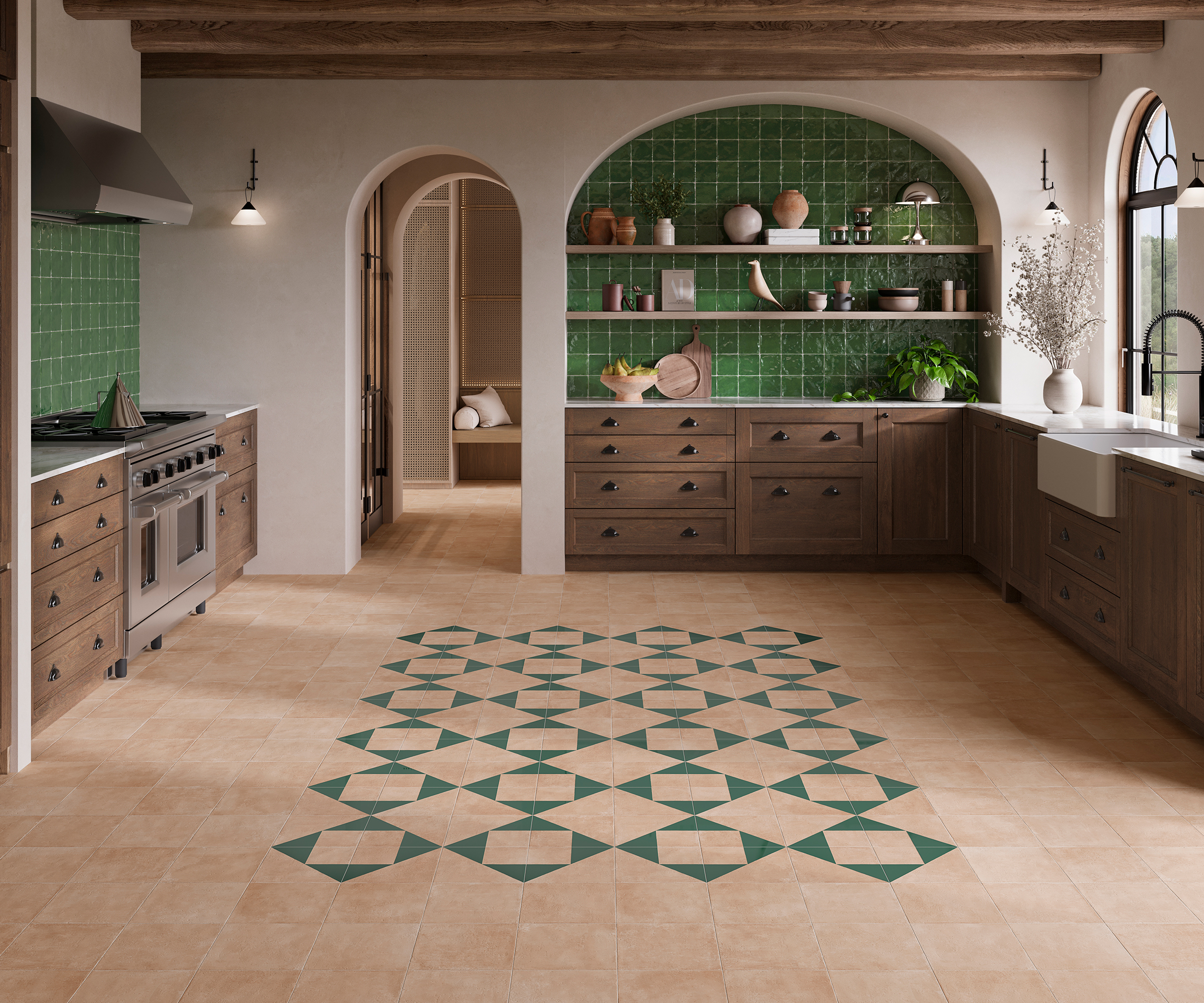 traditional wooden kitchen with green patterned floor tiles
