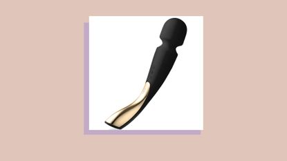 LELO Smart Wand 2 in black on pink background with purple box