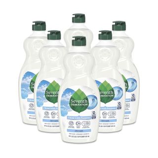 Six packs of clear dish soap on white background