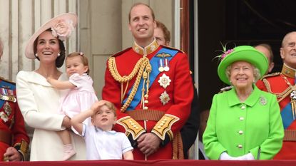 Catherine, Duchess of Cambridge, Princess Charlotte, Prince George, Prince William, Duke of Cambridge and Queen Elizabeth II attend the Trooping the Colour