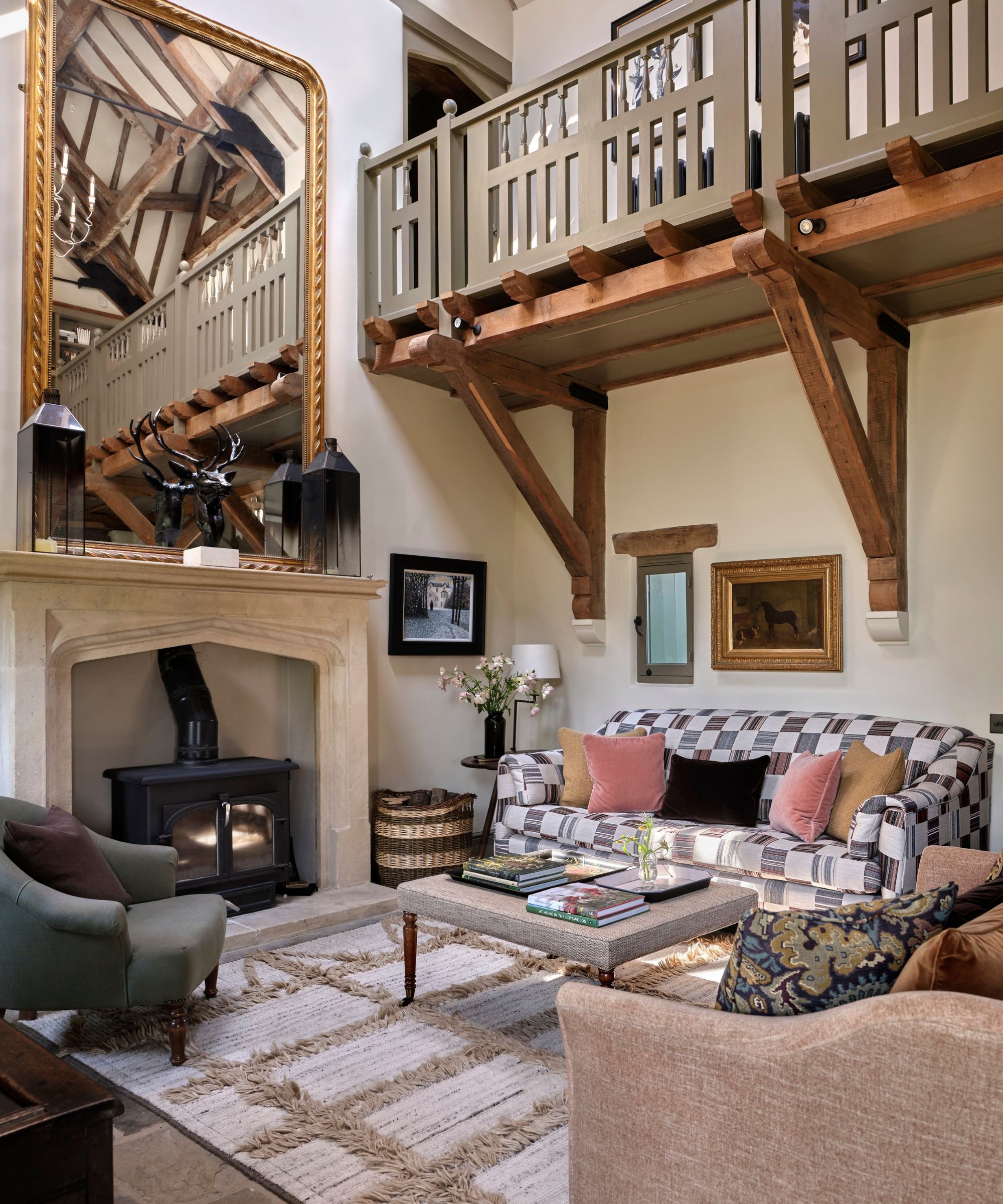 living room with checked sofa