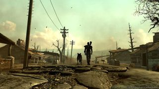 The Wasteland's Lone Wanderer walks into the distance with Dogmeat in Fallout 3