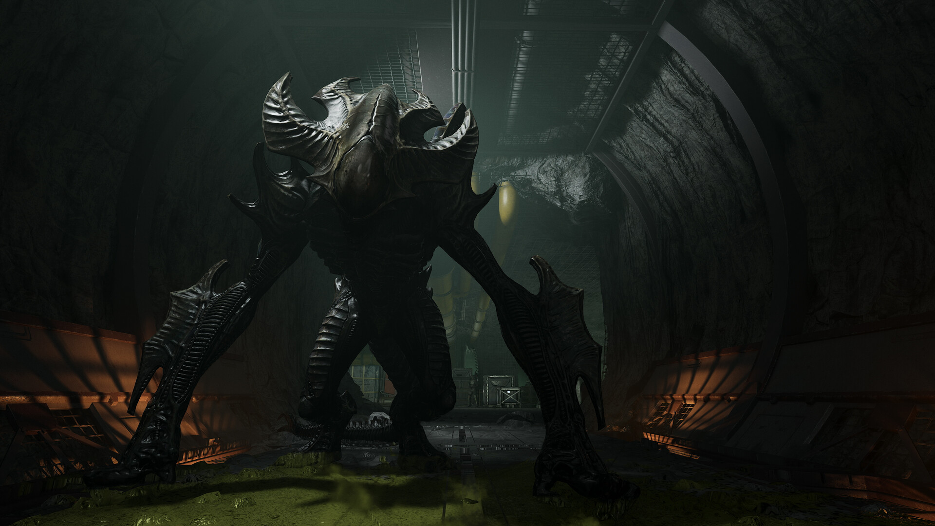 A huge, dark alien creature with four legs and menacing horns stands in a dimly lit tunnel. His presence is sinister and imposing.