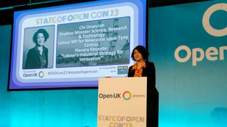 Chi Onwurah speaking at State of Open Con 2023