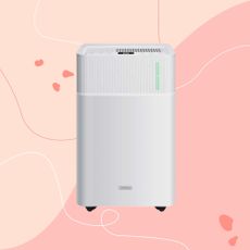 Vonhaus portable 20L dehumidifier on a pink graphic background