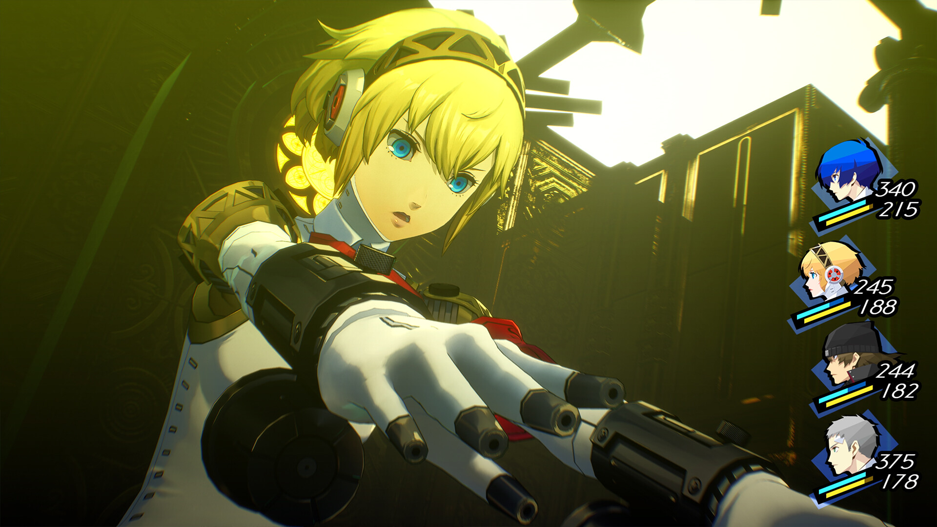 A close-up of Aigis during a fight in the RPG Persona 3 Reload
