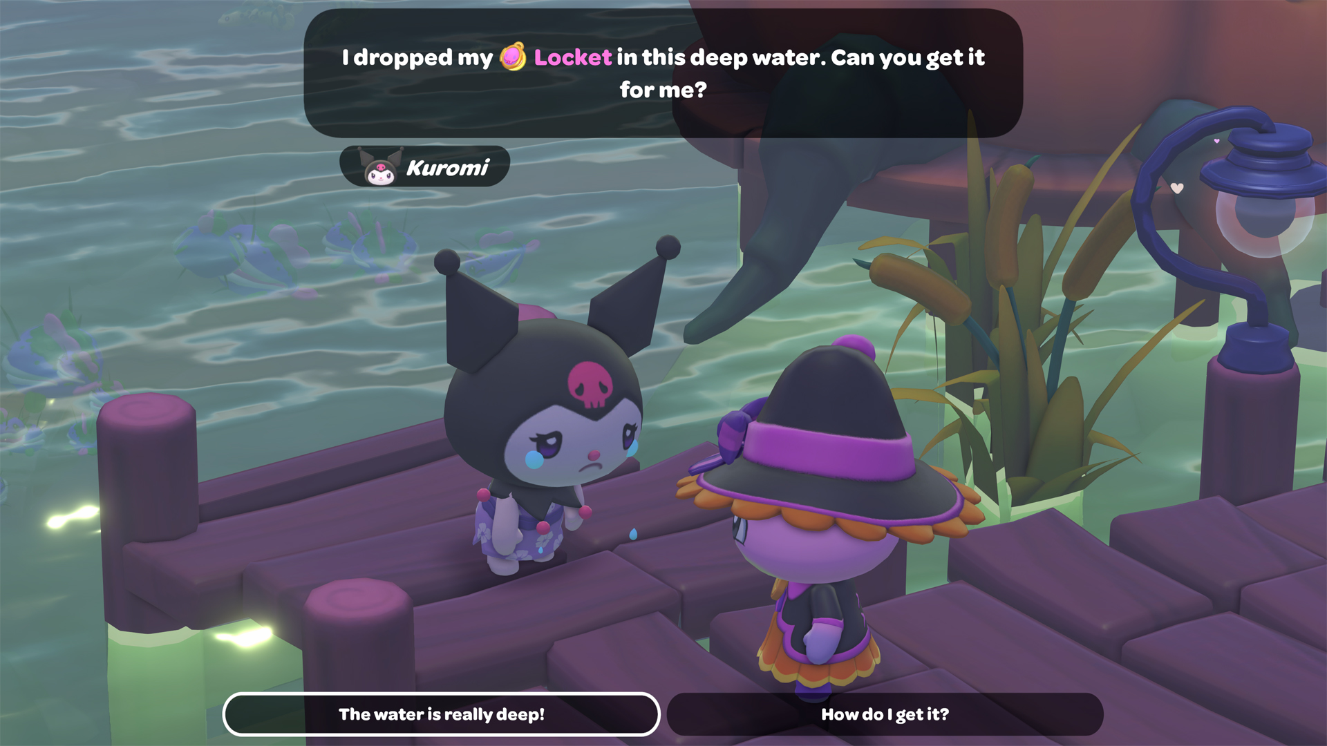 Kuromi giving the Deep Diving quest in Hello Kitty Island Adventure.