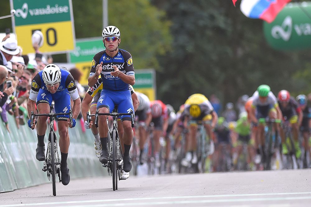 Fernando Gaviria applauds the top two finish by himself and Etixx-Quick Step teammate Maximiliano Richeze