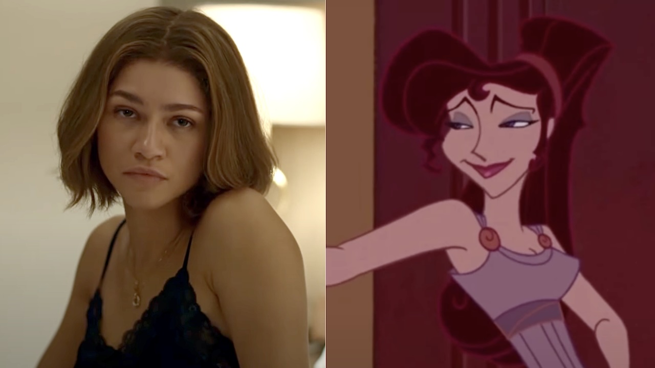 Zendaya looking annoyed in Challengers/ Meg from 1997 animated film Hercules (side by side image)