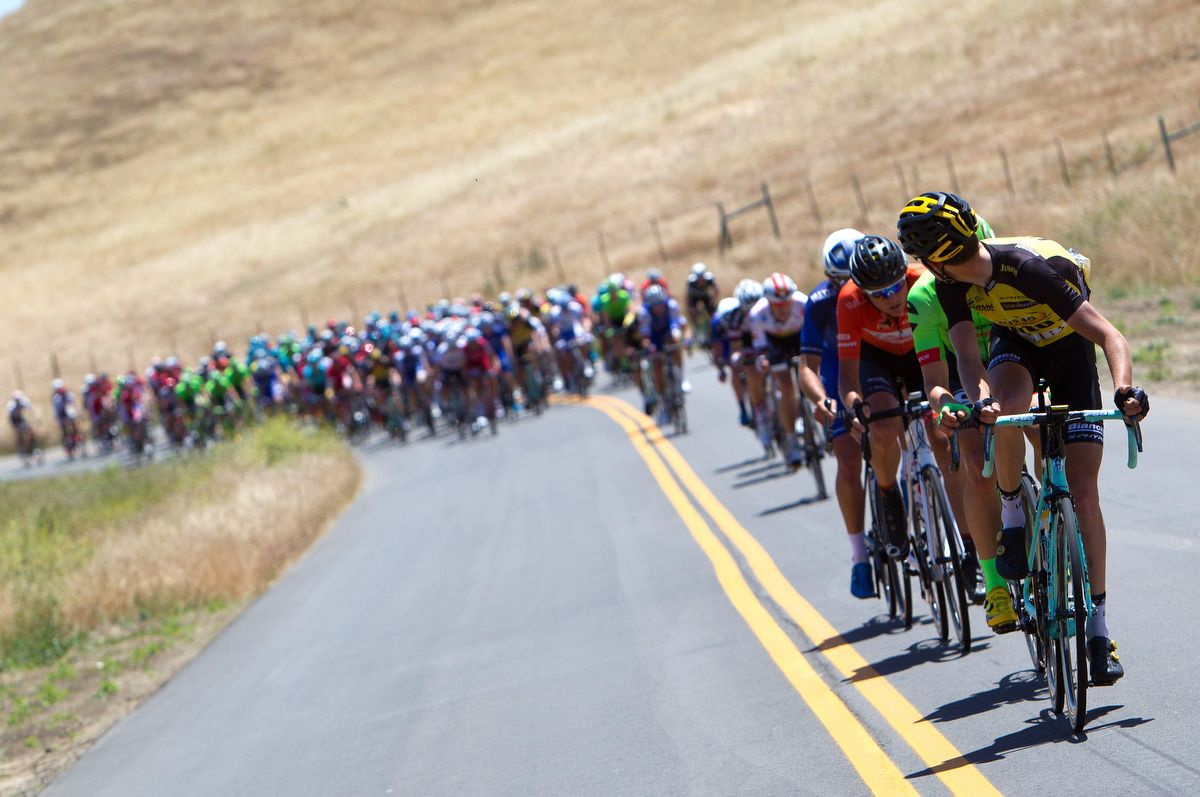 The peloton is strung out with LottoNL-Jumbo driving the pace