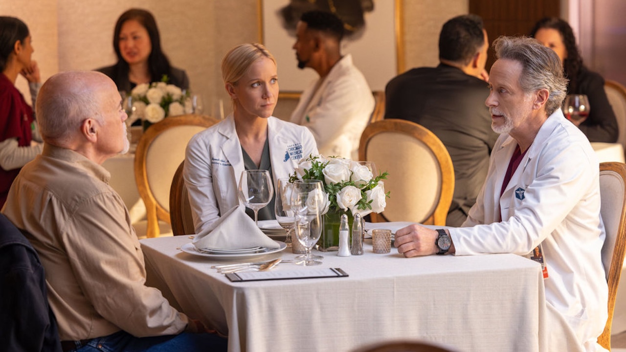 Hannah having an awkward lunch with Archer and her dad in Chicago Med Season 11x09