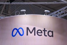 Meta Platforms logo on booth at Hannover Messe 2024 trade fair in Germany