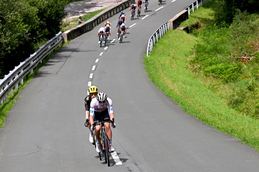 SAN SBASTIN SPAIN JULY 02 LR Jonas Vingegaard of Denmark and Team JumboVisma and Tadej Pogacar of Slovenia and UAE Team Emirates White Best Young Rider Jersey compete during the stage two of the 110th Tour de France 2023 a 2089km stage from VitoriaGasteiz to San Sbastin UCIWT on July 02 2023 in San Sbastin Spain Photo by Bernard Papon PoolGetty Images
