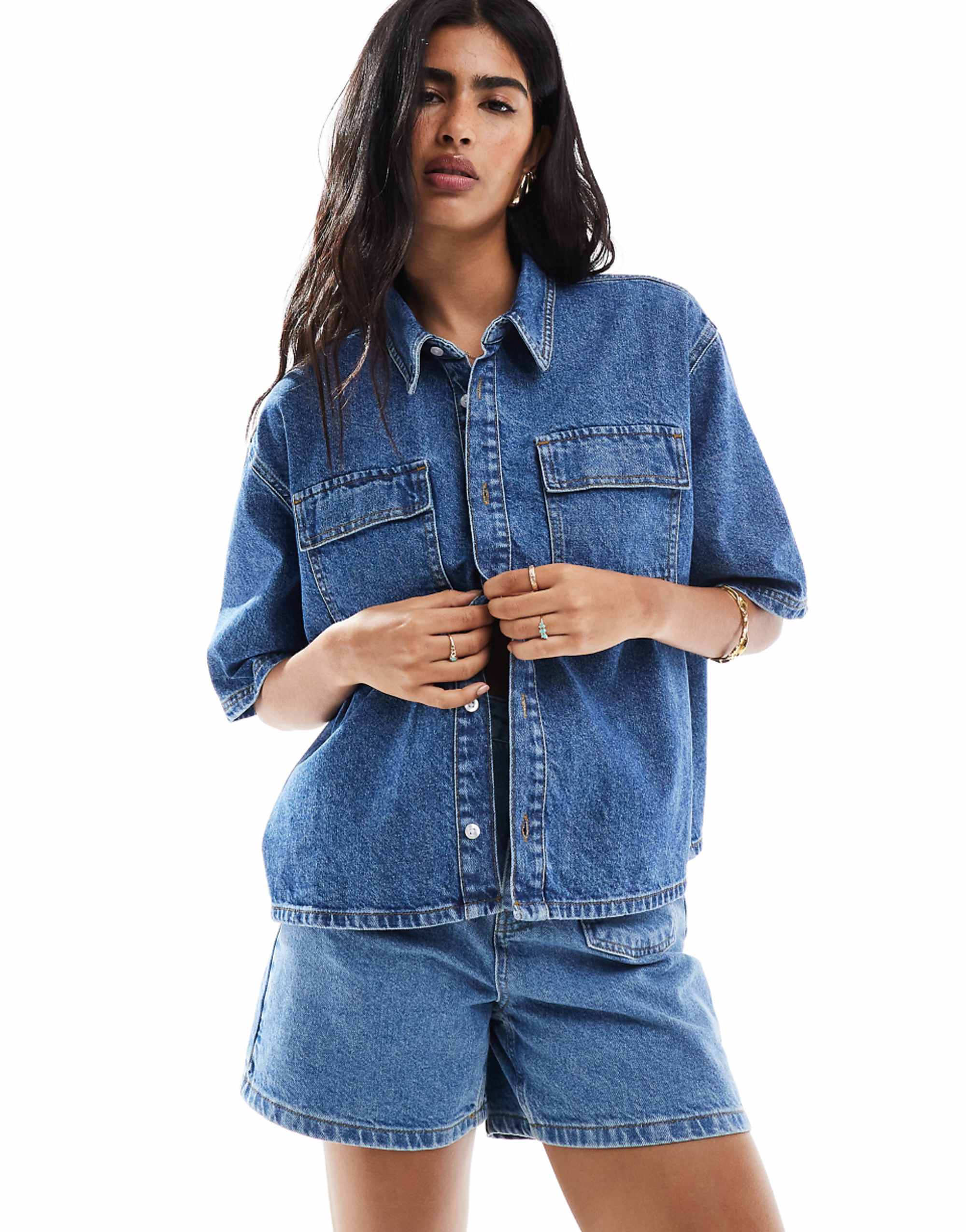 Miss Selfridge Denim Boxy Shirt in Mid Blue Wash