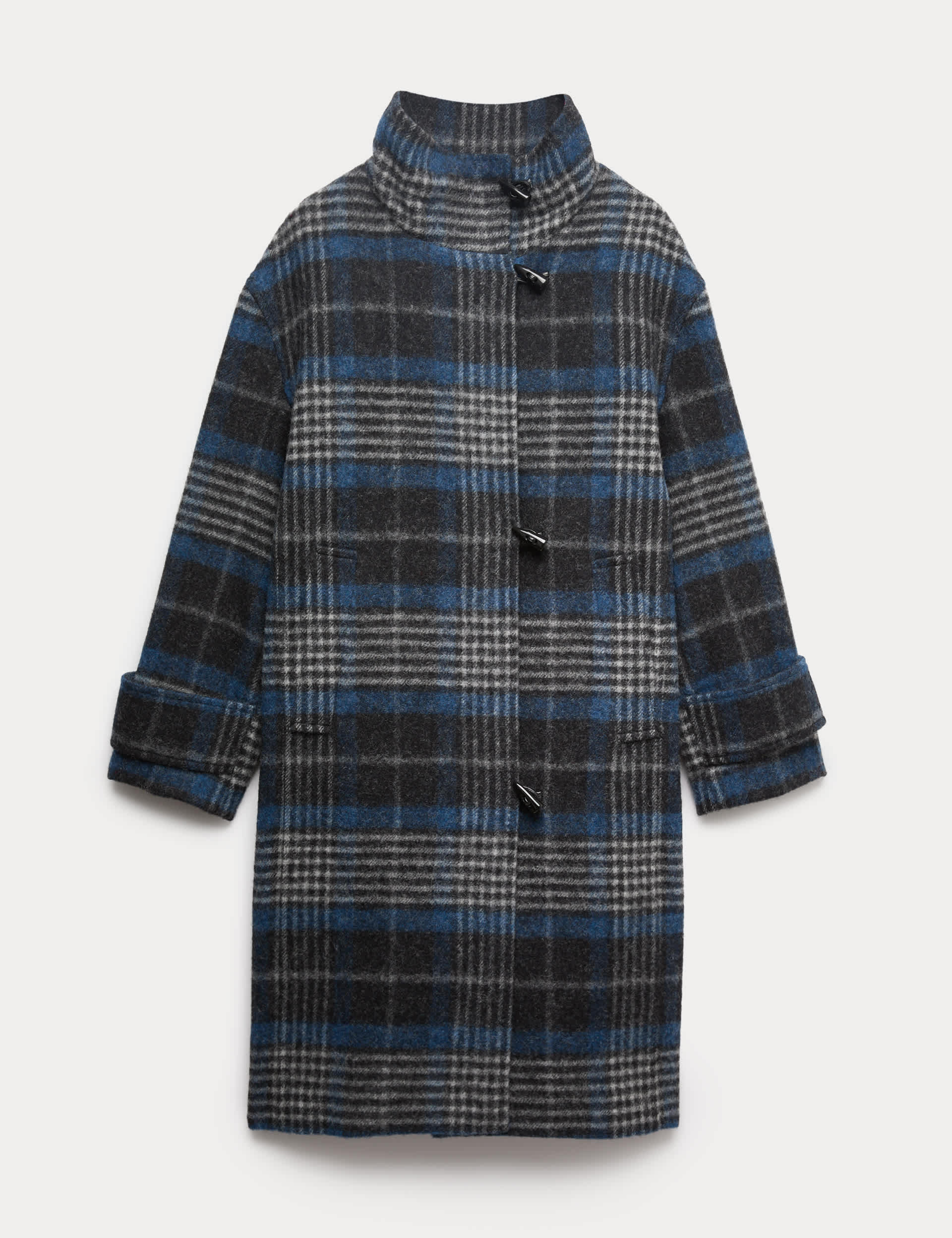 Pure Wool Checked Funnel Neck Duffle Coat