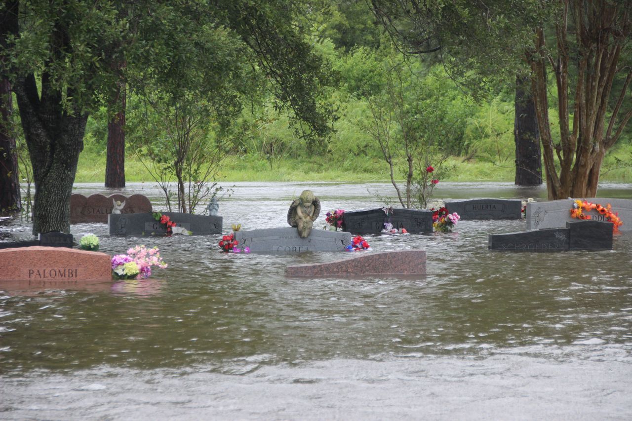 A cemetery is flooded in Houston