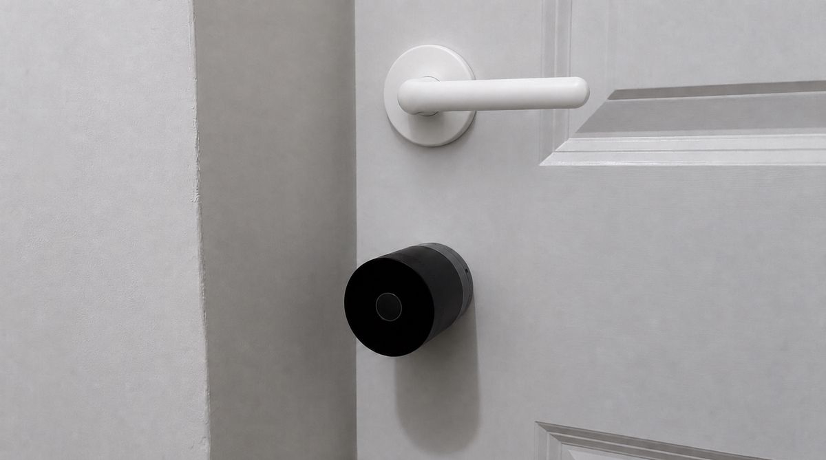 Yale Linus Smart Lock L2 Lite installed on door underneath door handle, with light off